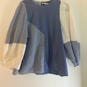 Tibi Blue and White asymmetrical stripe-printed blouse